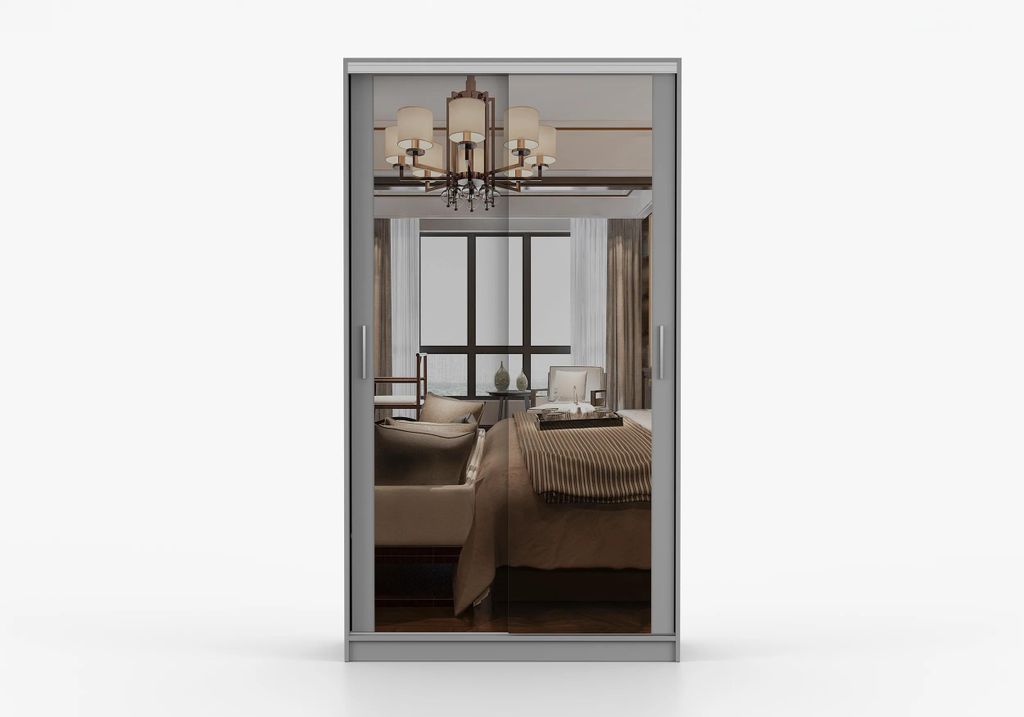 Schwebetürenschrank Kleiderschrank Schrank KIOTO M 120 cm Grau mit Spiegel, 2-türig, Schlafzimmer