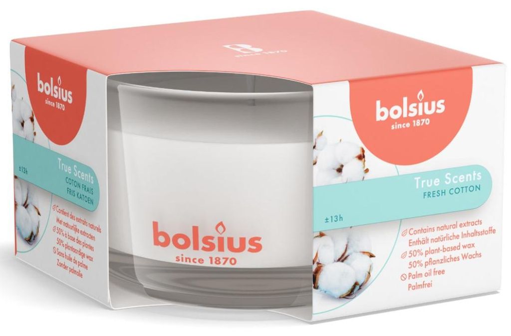 Bolsius Duftkerze im Glas „True Scents Fresh Baumwolle“