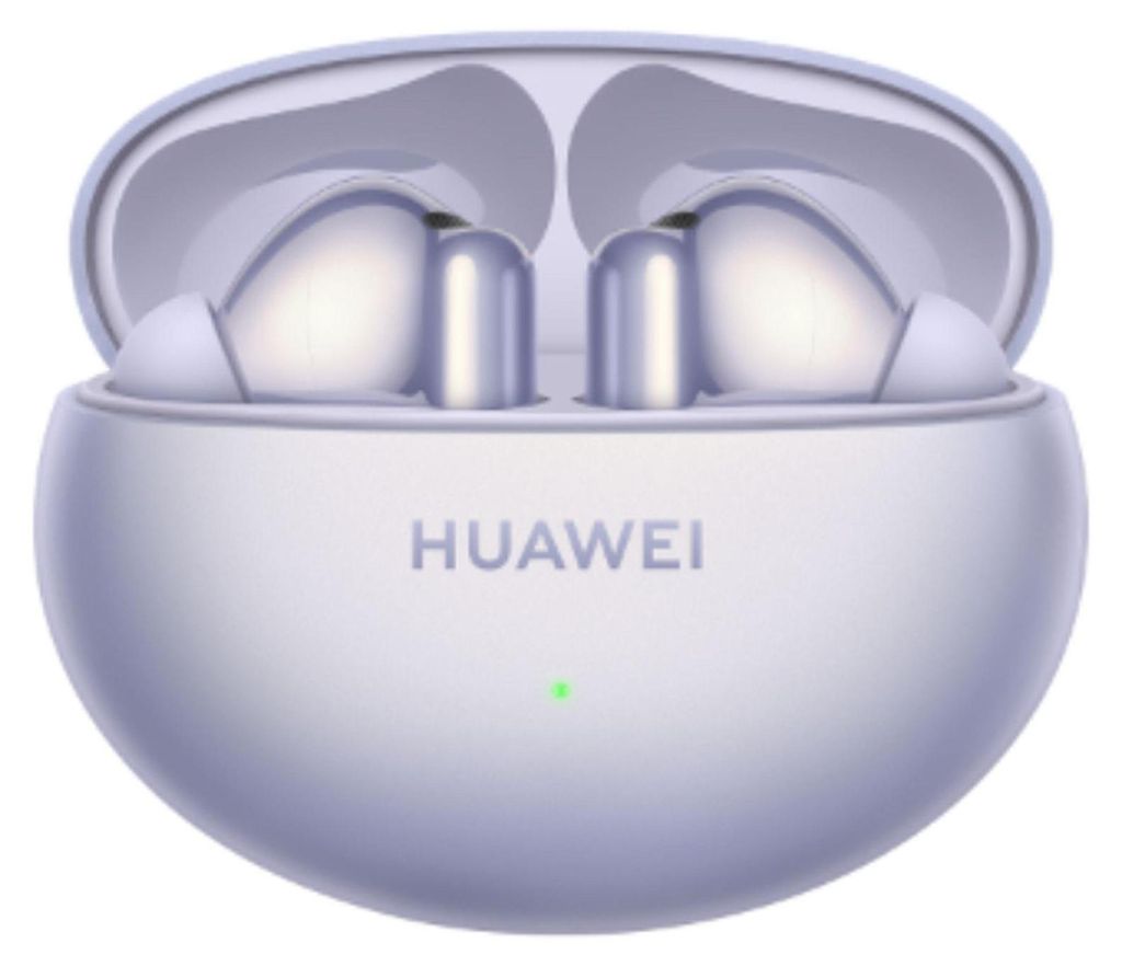 A pair of white Huawei FreeBuds 6i earbuds are shown inside their open charging case. The case is a light purple color.