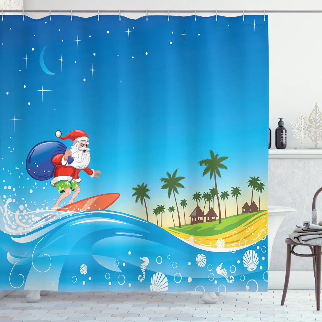 ABAKUHAUS Tenda da doccia natalizia, Sankt Surfen Strand, lavabile e facile da pulire con 12 ganci, stampa di alta qualità, colori resistenti, lunga durata, 175 x 180 cm, multicolore