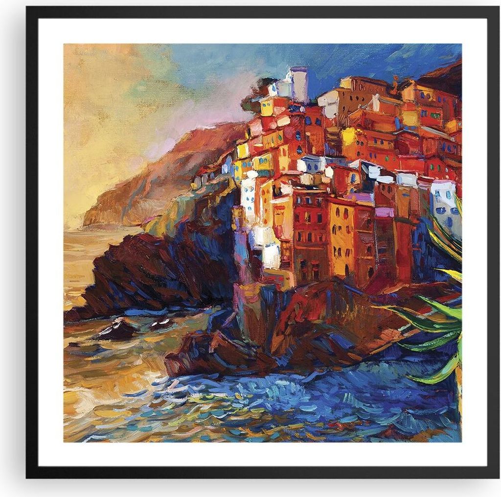 Gerahmtes Poster - Schwarzer Rahmen - Manarola Bunt Öl - 60x60 cm - Wand Bild - Wanddeko - Wandbilder - Kunstposter - Wandposter - Bilderrahmen - ...