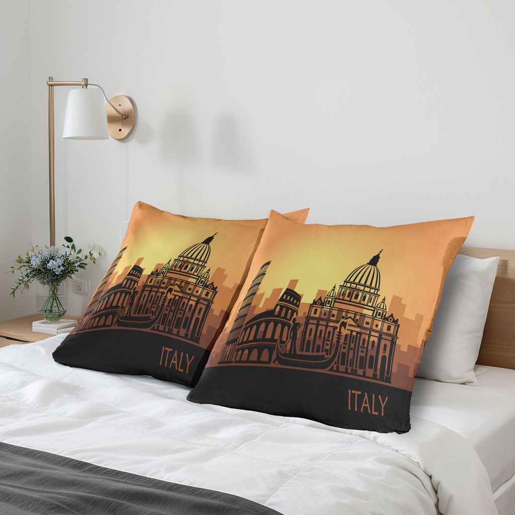 ABAKUHAUS Italien Kissenbezug Packung mit 2, Italienisch Monumental Silhouettes, Dekorativer Gedruckter Kissenbezug, 80x80 cm, Charcoal Grau Orange