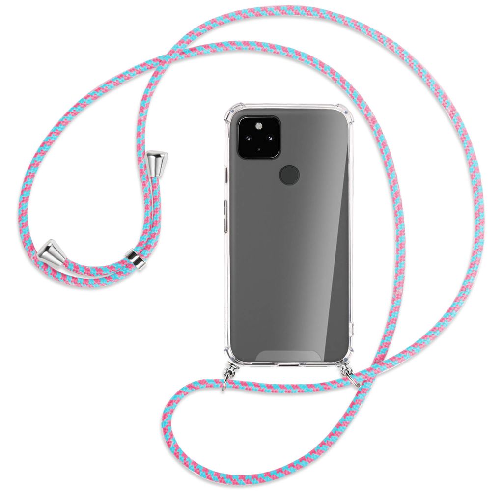 Handykette Backcover-Schutzhülle mit Band (Metall silberfarben) für Google Pixel 4a 5G - pink/mint