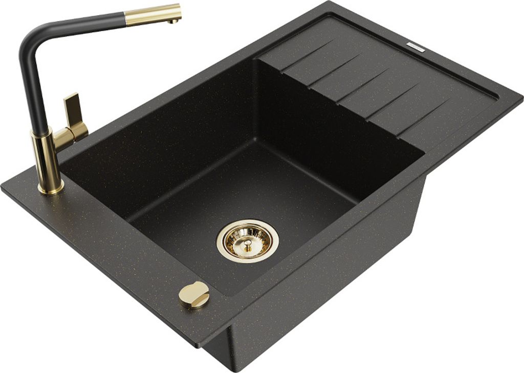 Mexen Elias 1 Becken-Granitspüle mit Abtropffläche und Mischbatterie Flora, Schwarz/Gold metallisch - 6511-75-670401-57-G