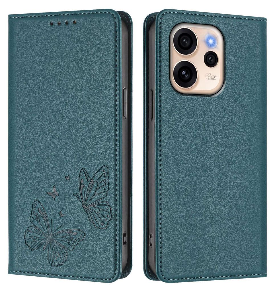 Lederhülle für Oppo Reno15 5G, Schmetterling Prägung Leder Brieftasche Schutzhülle mit Ständer Grün