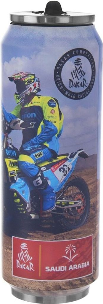Orion Thermobecher | Isolierbecher | Thermosflasche dosenförmig mit Rallye-Dakar-Motiv aus Stahl auslaufsicher doppelwandig DAKAR 700 ml