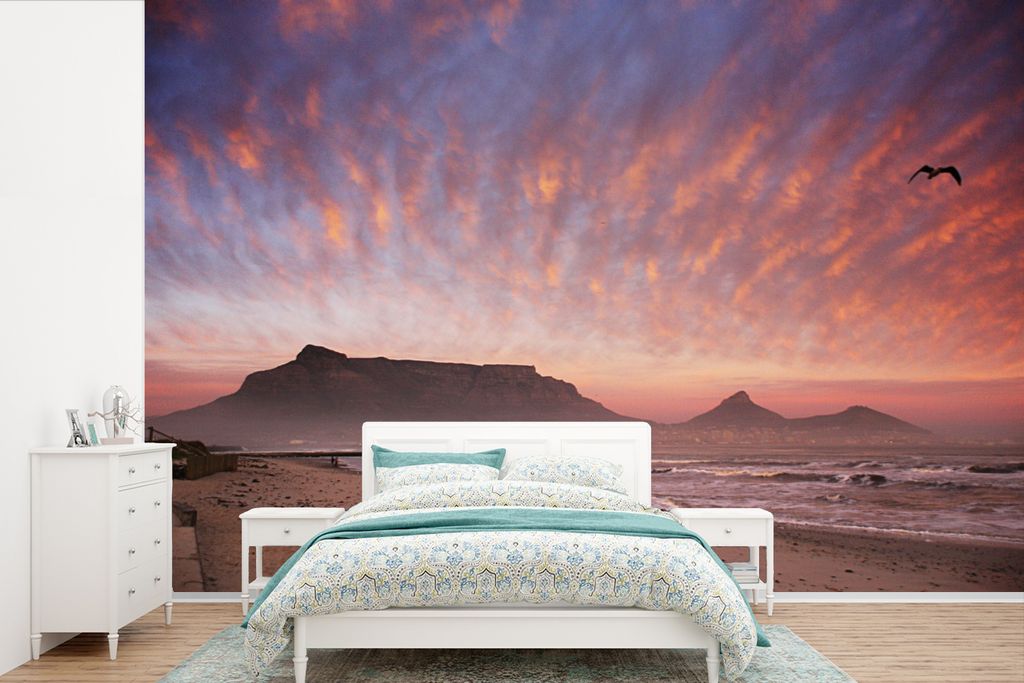MuchoWow Fototapete für Wohnzimmer oder Schlafzimmer Wandtapete Vinyl Motivtapete Bunter Himmel über dem Tafelberg in Südafrika - 450x300 cm -...