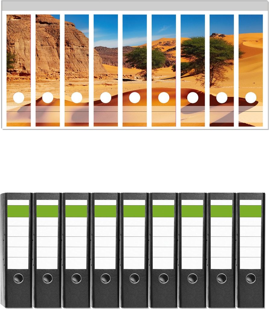 Wallario 9 Stück breite Ordner inkl. Klebeetiketten mit Motive In der Wüste Sahara - Set mit Rückenschildern / Ordnerrücken Stickern