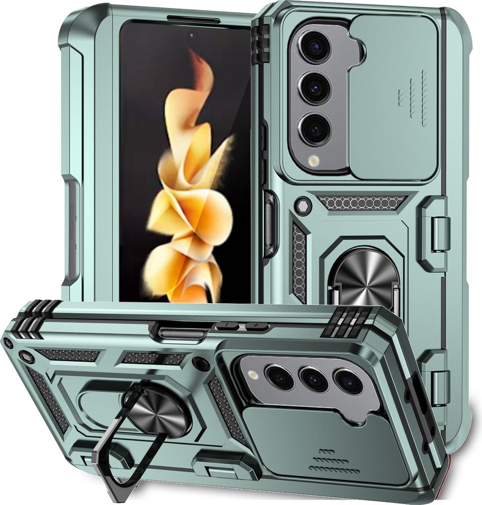 Hülle für Samsung Galaxy Z Fold 5 mit Scharnierschutz, Schiebe Kamera Schutz und Ringhalter Ständer Dual Layer Schutzhülle Grün
