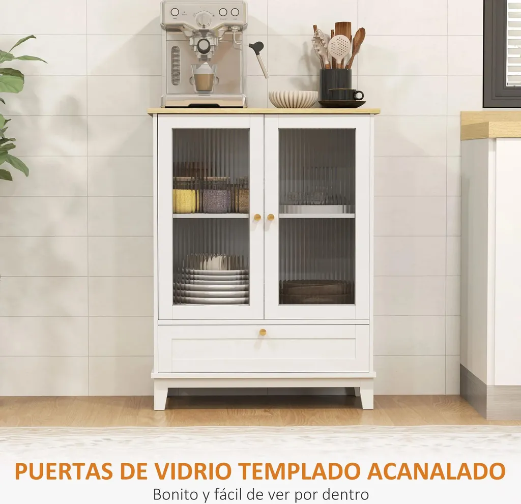 Sideboard Buffet Gain de Place 2 Portes Vitrées Blanc Chêne pour Studio - 6