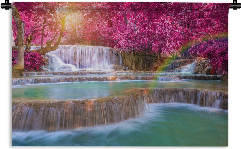 MuchoWow Wandteppich Wandbehang Wasserfall - Regenbogen - Bäume - Rosa - Natur 90x60 cm Tapisserie Dekoration Wandtuch - Wandskulpturen - Bildte...