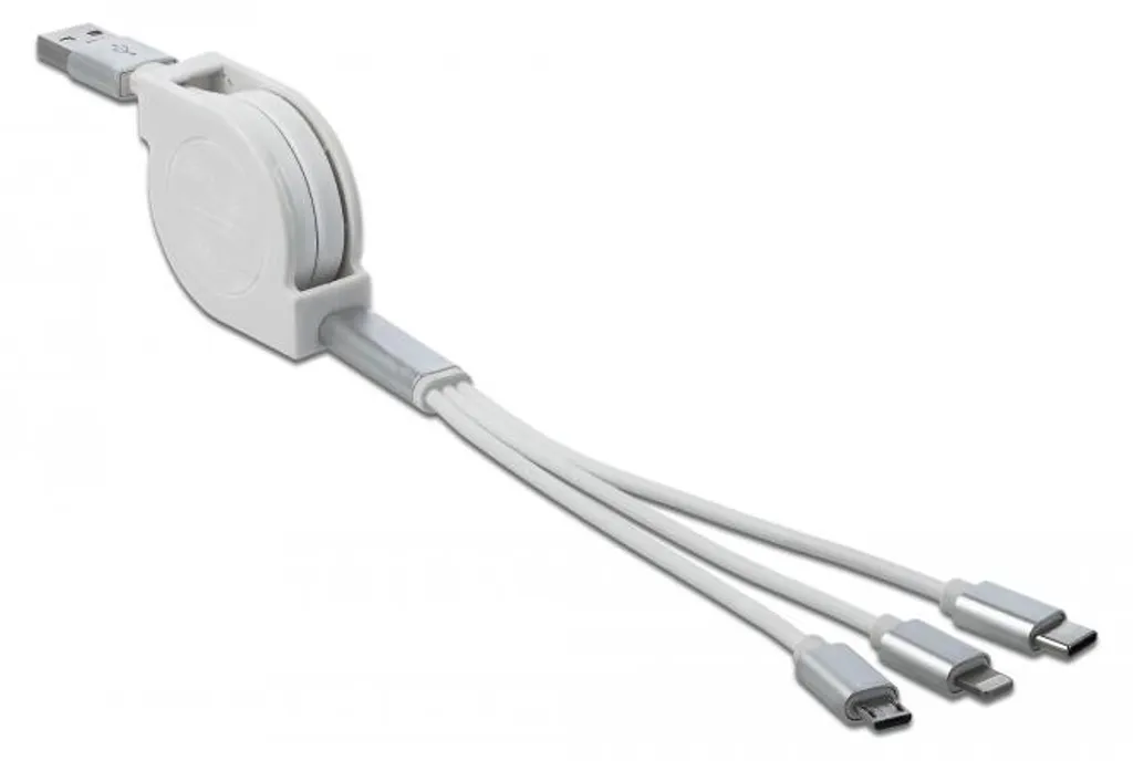 Câble USB 3-en-1 blanc rétractable avec fiches Type C et Micro USB Delock