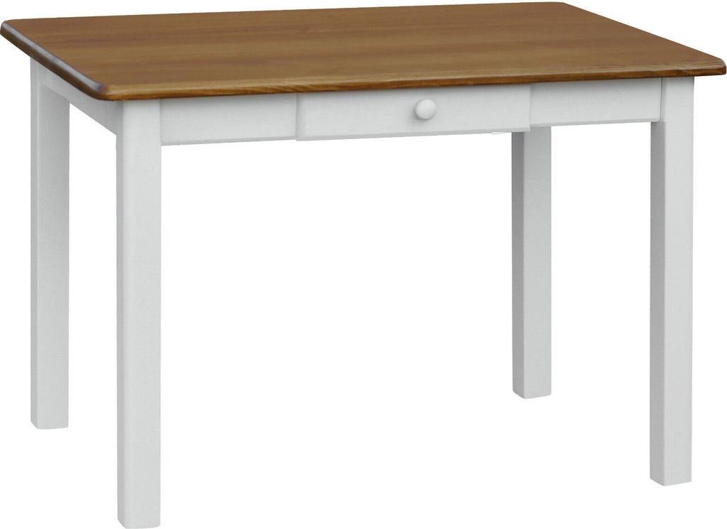 Weißer Tisch mit Schublade aus massivem Kiefernholz mit Tischplatte in der Farbe Eiche 110 x 80 cm