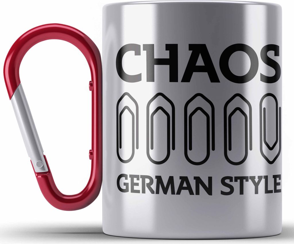 Trendation - Chaos German Style Edelstahl Tasse Karabiner Lustiger Spruch BüroEdelstahl Tasse Karabiner mit Spruch Geschenk Kollege Kollegin (Rot)