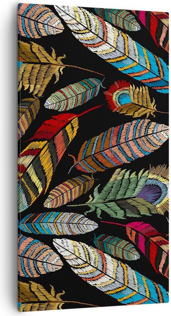 Bild auf Leinwand - Leinwandbild - Einteilig - Federn Bunt Stickerei - 55x100cm - Wand Bild - Wanddeko - Wandbilder - Leinwanddruck - Bilder - Wand...