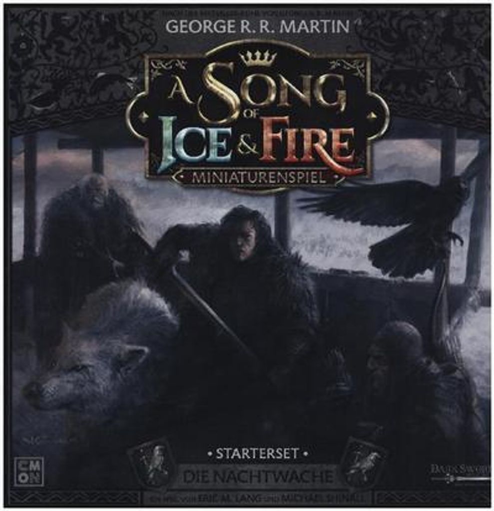 The image shows the box art for a board game, featuring characters and a wolf from the 'A Song of Ice & Fire' universe.
