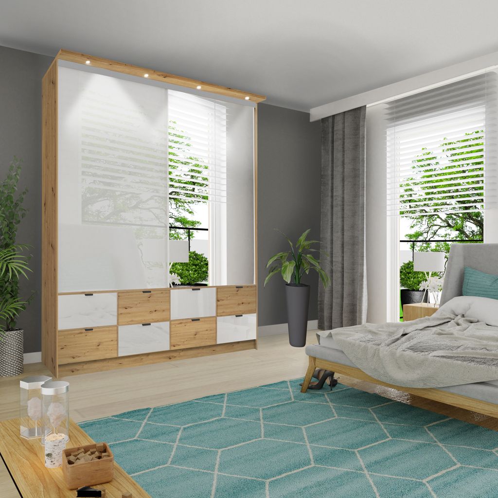 Multifunktionale Garderobe - Kleiderschrank Galama mit Schubladen 250 Braun + Weiß glanz - geräumiger Kleiderschrank, verspiegelter Schrank, Spie...