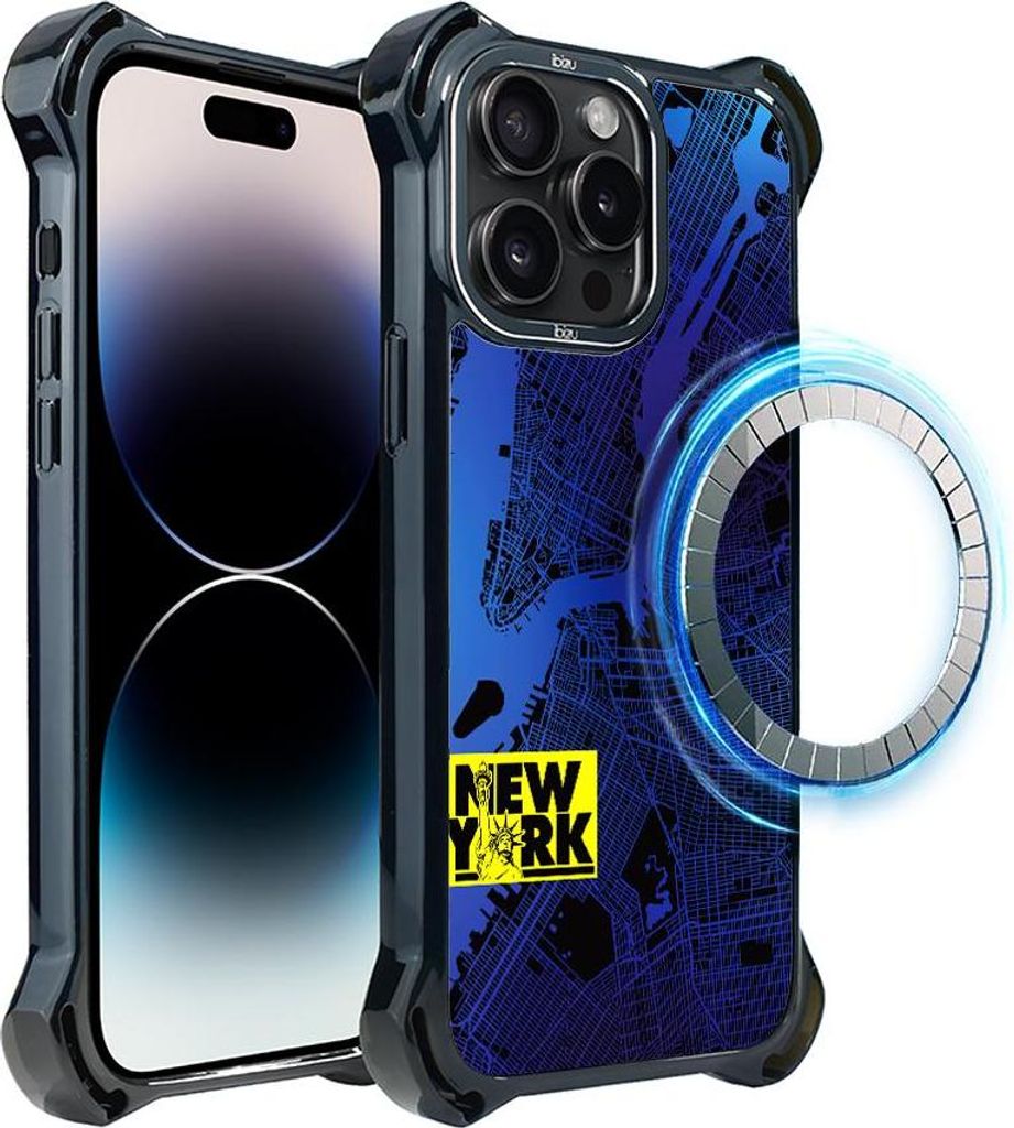 Hülle für iPhone 14 Pro Max IBIZU DropGuard Ultra mit MagSafe, Weltkarten, New York