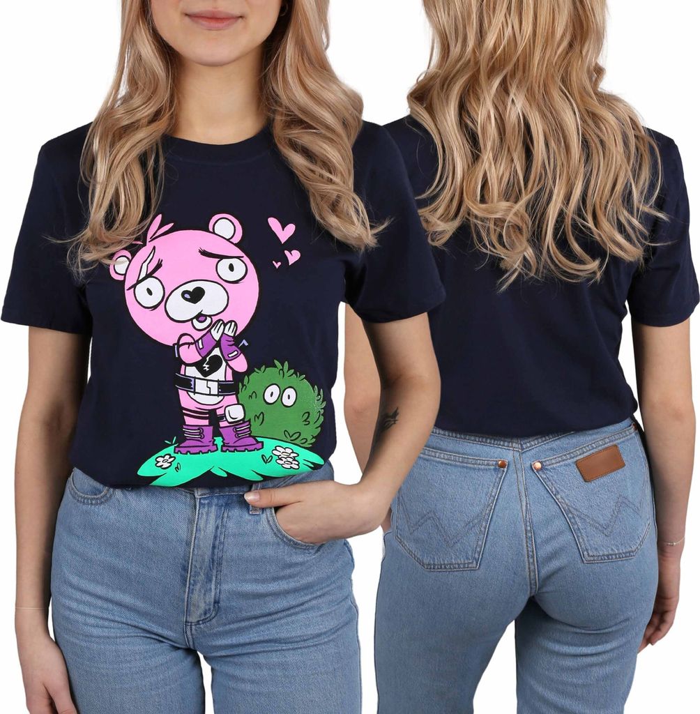 Marineblaues Kurzarm-T-Shirt für Frauen mit rosa Produktbild 