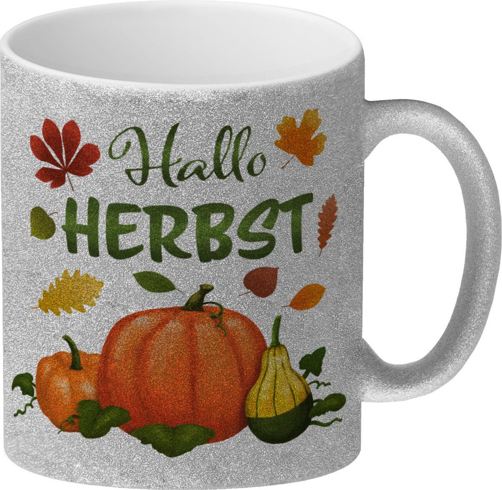 Hallo Herbst Glitzer-Kaffeebecher mit hübschen Kürbissen Produktbild 