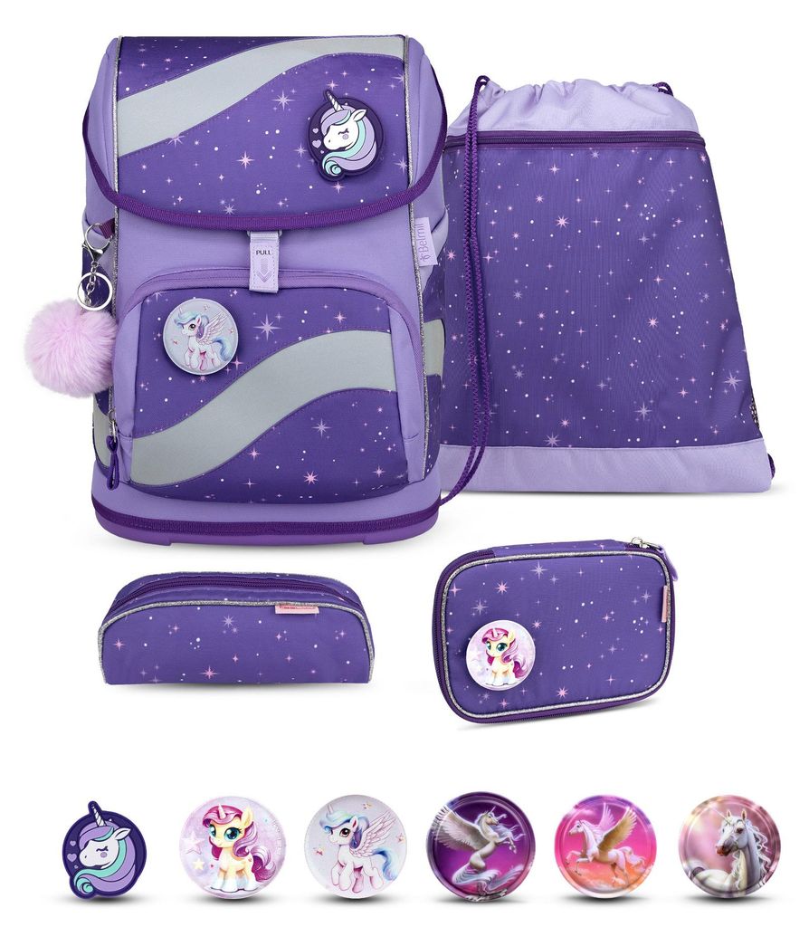 Belmil Smarty ergonomisches Schulranzen Set 5-teilig "Starlight" mit Brustgurt, Hüftgurt, Magnetverschluss, Patch Set 6 Stück