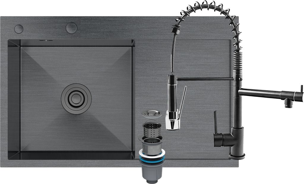 Granitan | Stahlspüle - Spülbecken 1-Kammer - 77,8x48,8 cm - Quadratisch - Schwarz - mit Küchenarmatur Schwarz - mit Siphon - Bari
