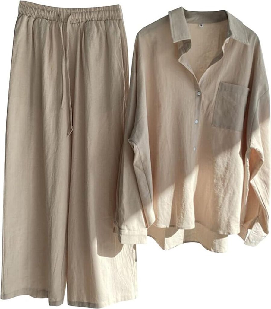 ASKSA Damen Hosenanzug Musselin Bluse Zweiteiler Sommer Langarmshirt Weites Bein Hose Loungewear, Aprikose, Groesse: S