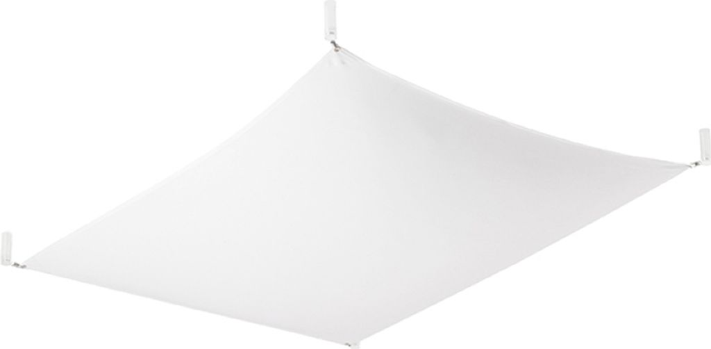 A white fabric light fixture suspended from the ceiling.