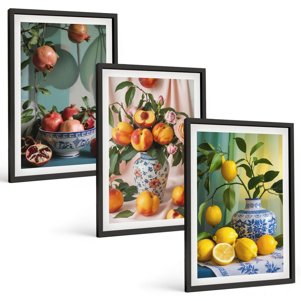 Bilder Set 3-teilig im schwarzen Rahmen – Wandbilder 3 Stück – gerahmte Poster für Wohnzimmer, Schlafzimmer und Flur – 40x60 cm – Granat...
