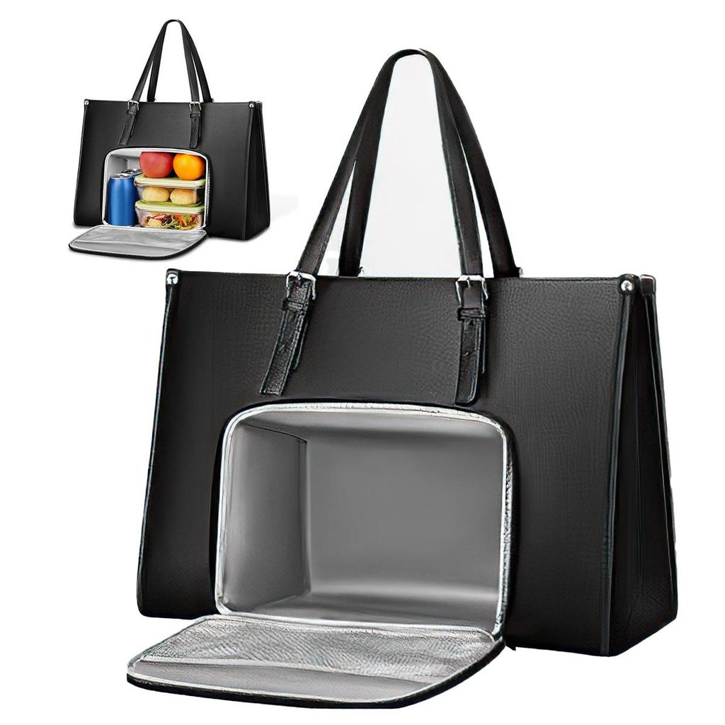 Tote Laptoptasche mit Isoliertem Lunchfach für Damen,mit Kühlfac 15.6 zoll Leather Wasserdicht Tragetasche für Arbeit, Büro, Business, Schwarz