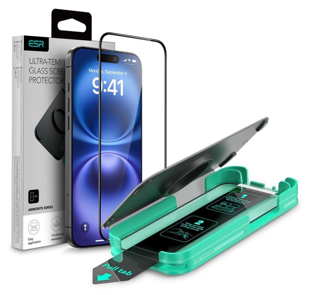 A product shot of an iPhone screen protector kit, including the packaging, the screen protector, and an application tool.