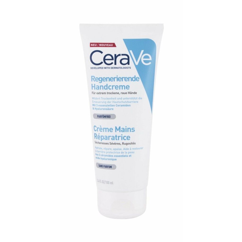 A product shot of a CeraVe hand cream tube against a white background.