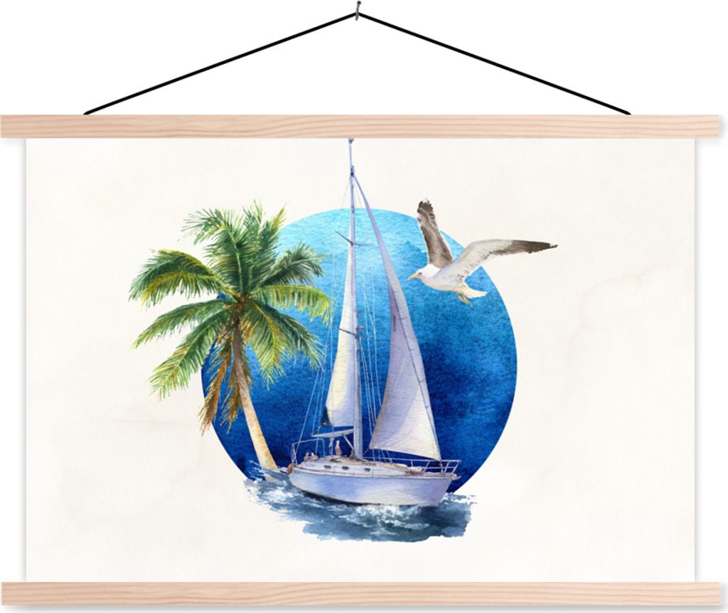 MuchoWow Textilposter Segelboot - Palme - Vogel - Meer 120x80 cm mit holzfarbenen Rahmen - Aufhängeset