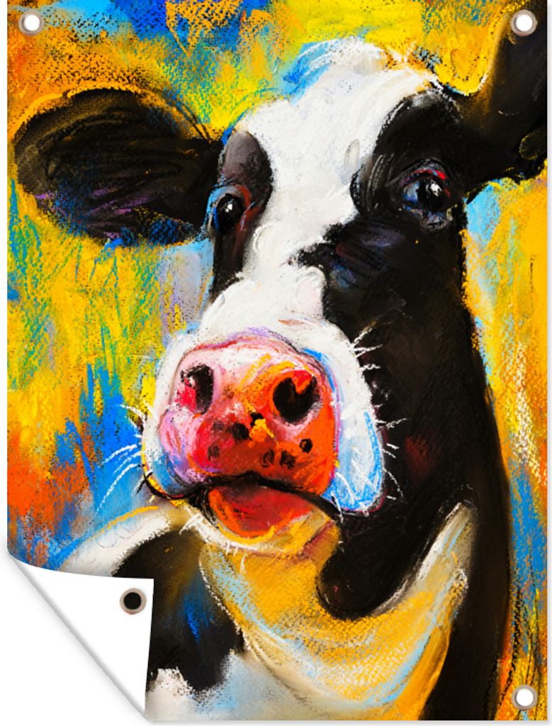 MuchoWow 90x120 cm Outdoor-Poster Gartendeko Sichtschutz Garten Poster für den Garten Gemälde - Ölfarbe - Kuh - Tiere