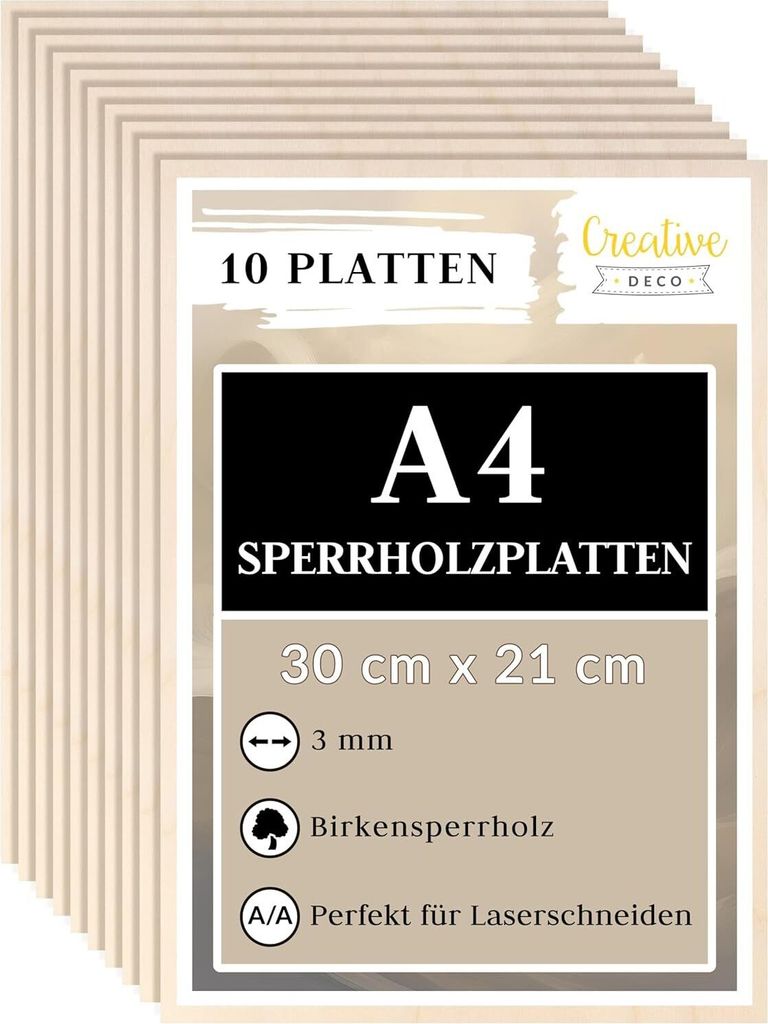 Creative Deco 10 x A4 Sperrholzplatte 3mm | 300 x 210 mm | Birkensperrholz Laserfähig für Lasergravur, Laserschneiden, Laubsäge, Brandmalerei, C...