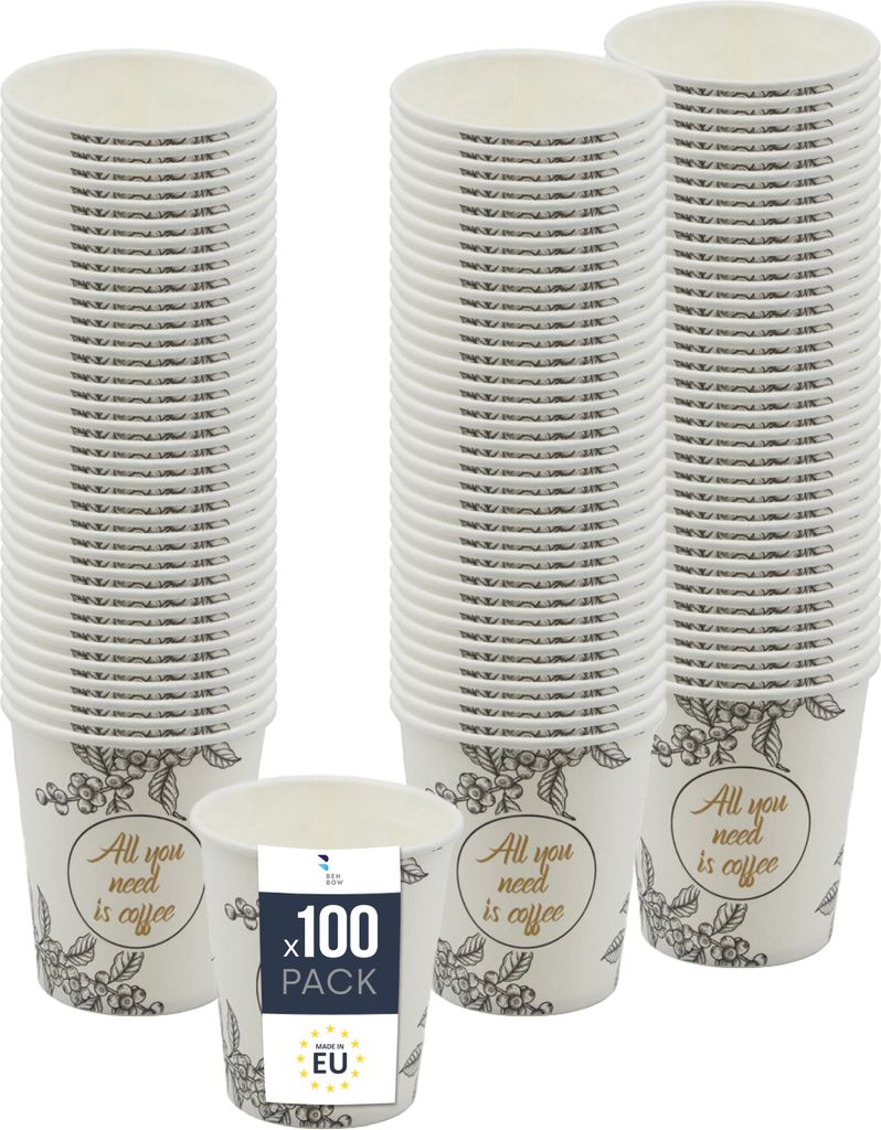 BenBow Kaffeebecher 250 ml x 100, Pappbecher zum Mitnehmen, Einwegbecher für Unterwegs, All You Need Is Coffee, Kaffee Becher für Büro und Kaffe...