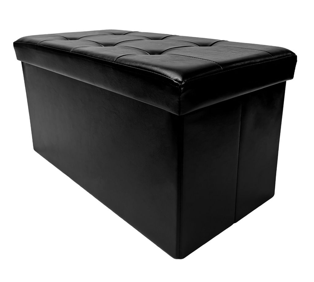 A black storage ottoman is shown against a white background.