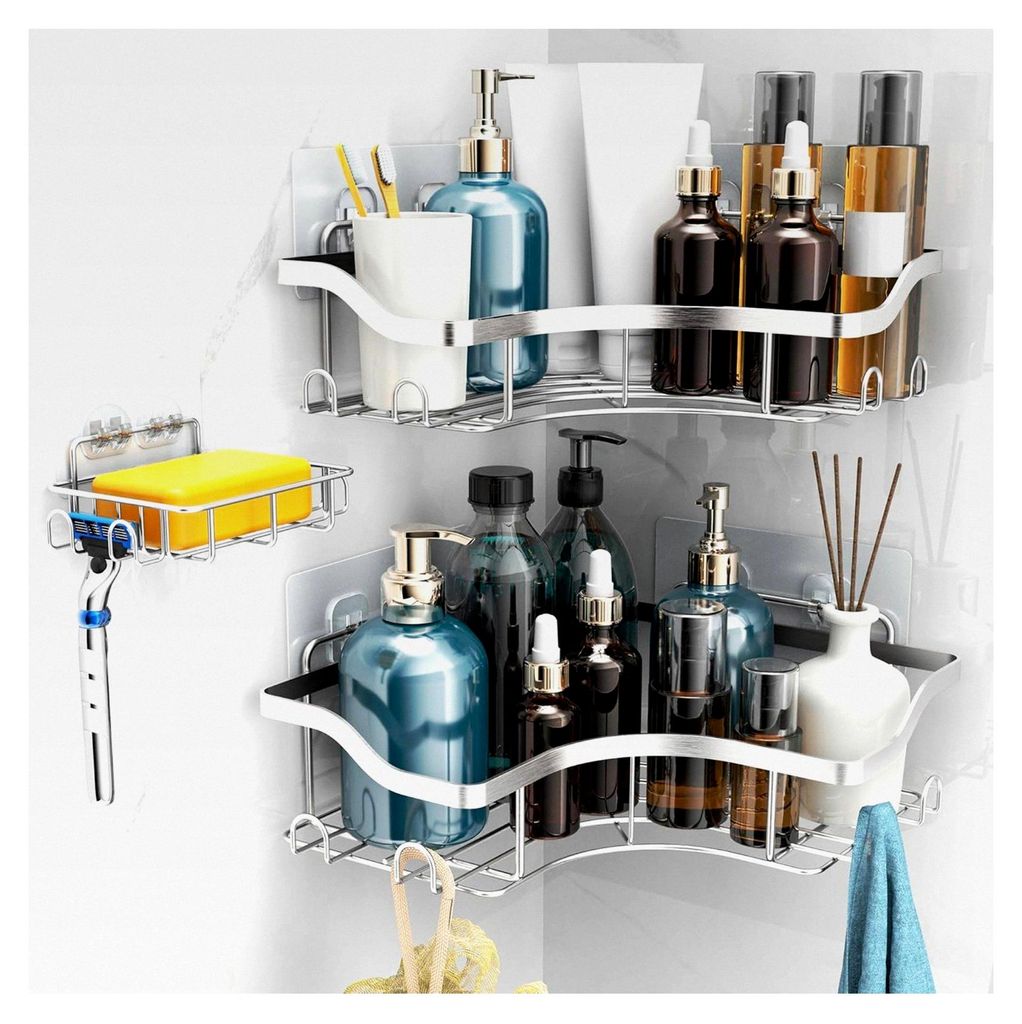 Duschablage ohne Bohren Badezimmer Organizer, 3 Stück rostfreies Duschregal mit Haken und Seifenschale, korrosionsgeschütztes Badregal, Duschkorb...