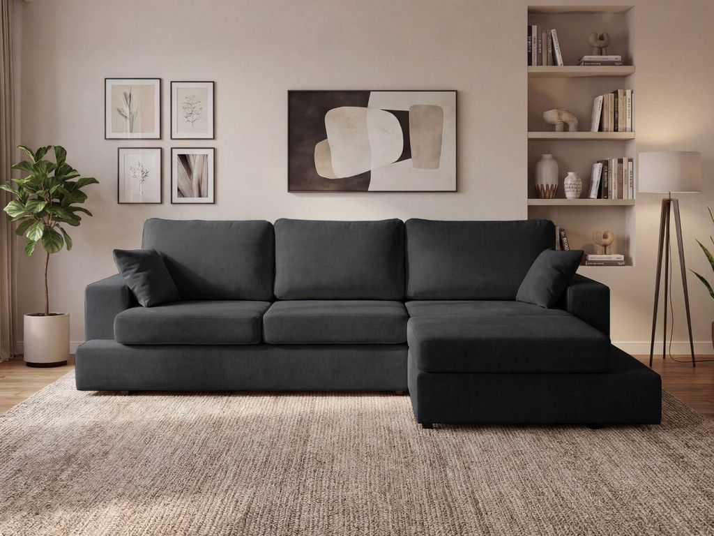 GrainGold Ecksofa L-Form Rechts Nesto - Moderne Chenille Ecksofa - 3-Sitzer Eckcouch, Wohnzimmer Ecksofa - Eckcouch Schwarz (Lumo 80)