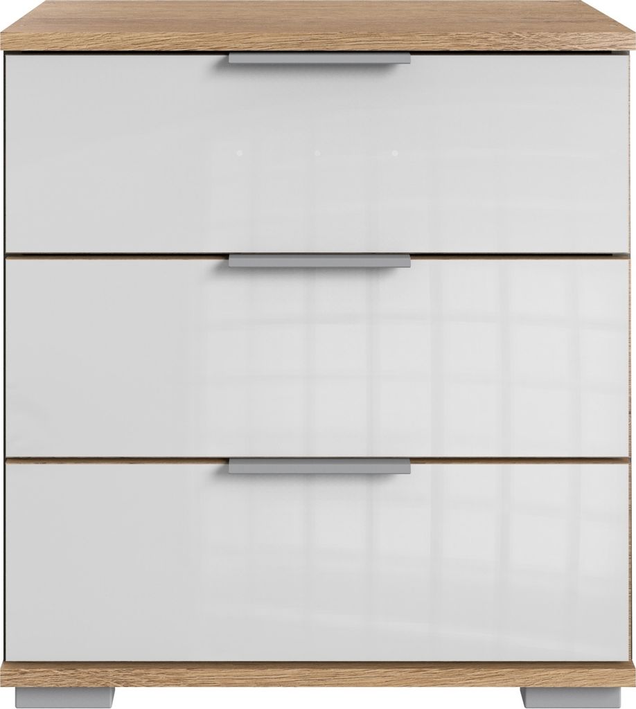 Nachtkommode "Easy Plus Kommoden" in Plankeneiche mit 3 Schubladen und Absetzungen in GLAS WEISS. Abmessungen (BxHxT) 52x58x38 cm