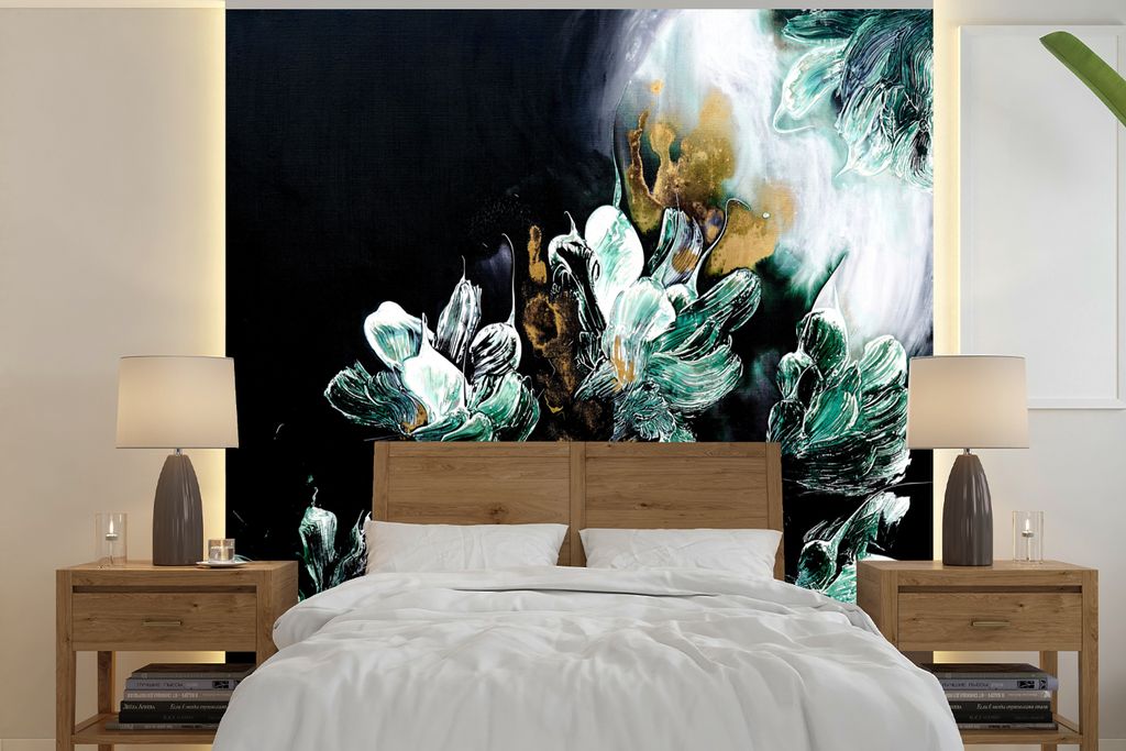 MuchoWow Fototapete für Wohnzimmer oder Schlafzimmer Wandtapete Vinyl Motivtapete Malerei - Farbe - Schwarz - Blau - 300x300 cm - Wanddekoration