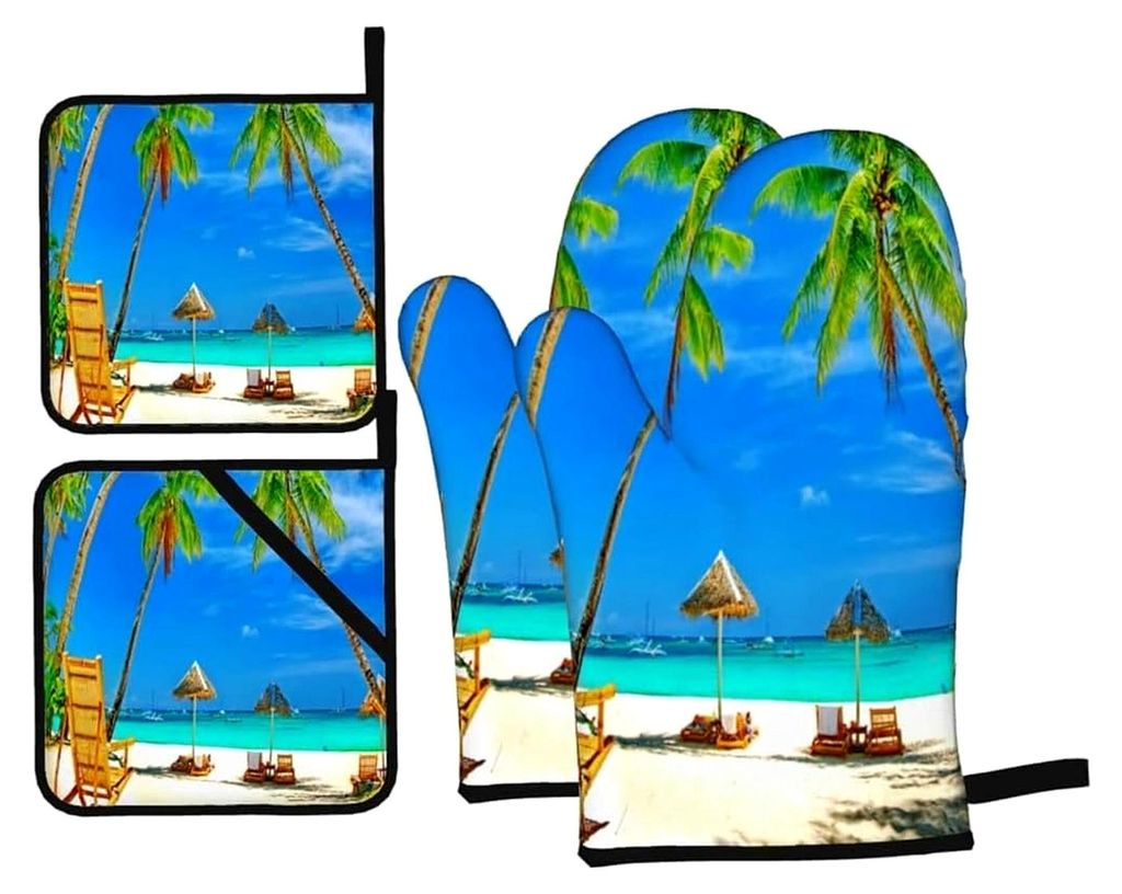 Ofenhandschuhe und Topflappen-Set, Strandblick-Muster, 4 Stück, zum Backen und Grillen
