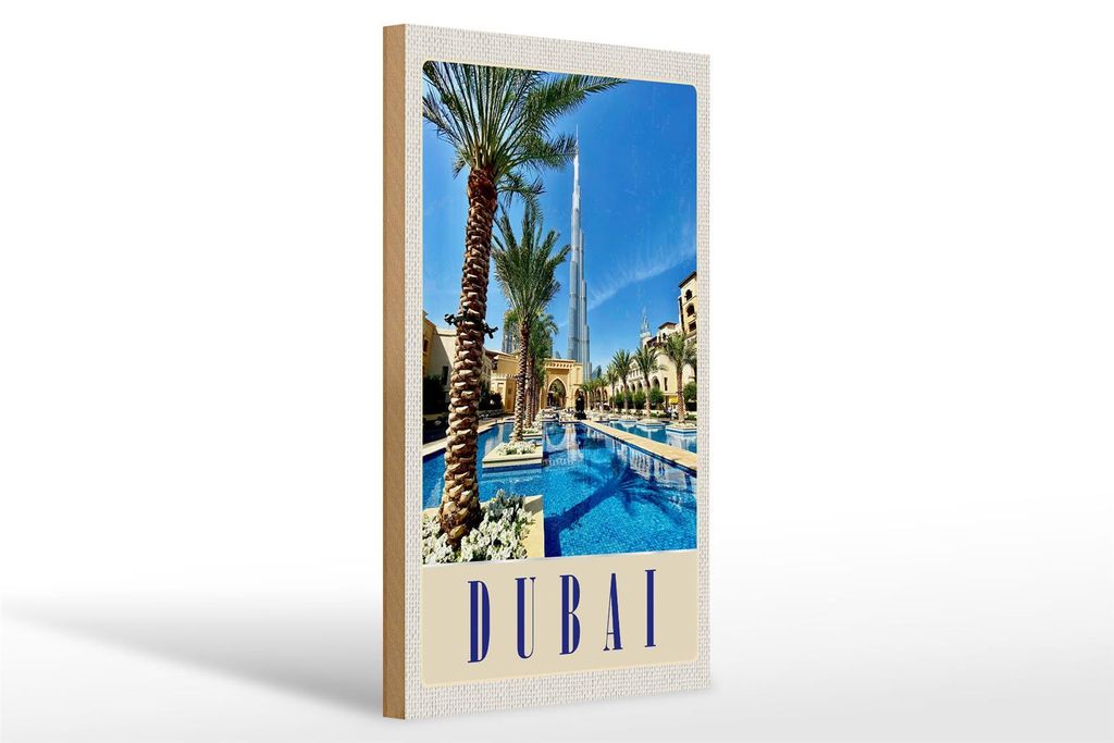 Holzschild Reise 20x30cm Dubai Palmen Wolkenkratzer Urlaub