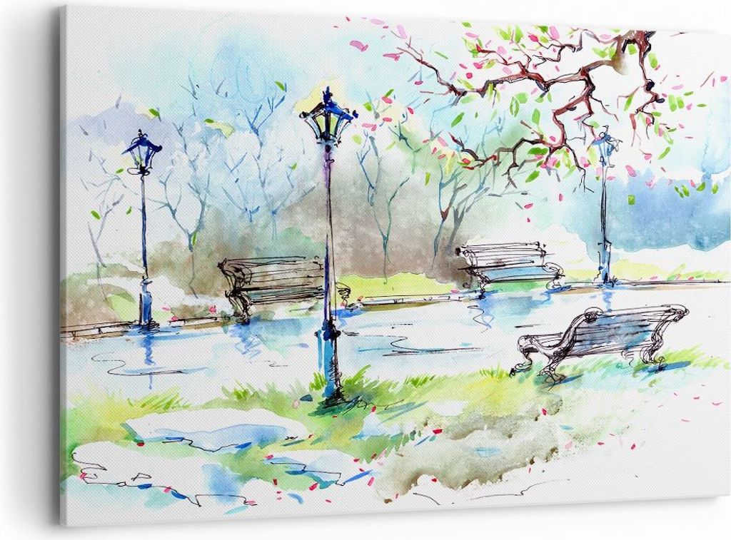 Bild auf Leinwand - Leinwandbild - Path urban Park Landschaft - 100x70cm - Wand Bild - Wanddeko - Leinwanddruck - Bilder - Kunstdruck - Wanddekorat...