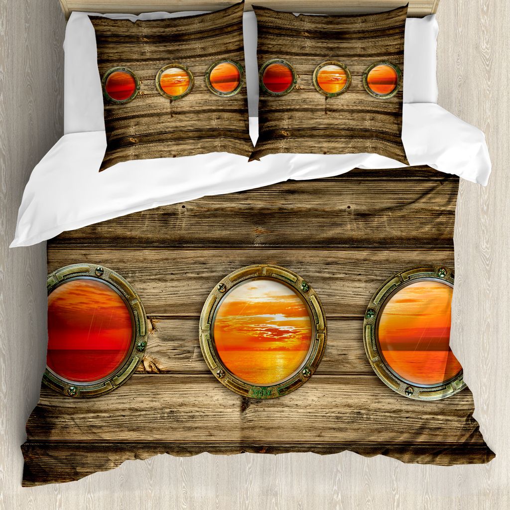 ABAKUHAUS Nautisch Bettbezug, Rustikale Holzschiff, Milbensicher Allergiker geeignet mit Kissenbezügen, 200 cm x 200 cm - 80 x 80 cm, Mehrfarbig