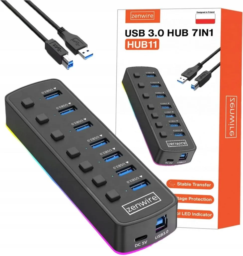 Splitter USB 3.0 Attivo 7 in 1 RGB - Hub 5Gbps per Gaming e Streaming