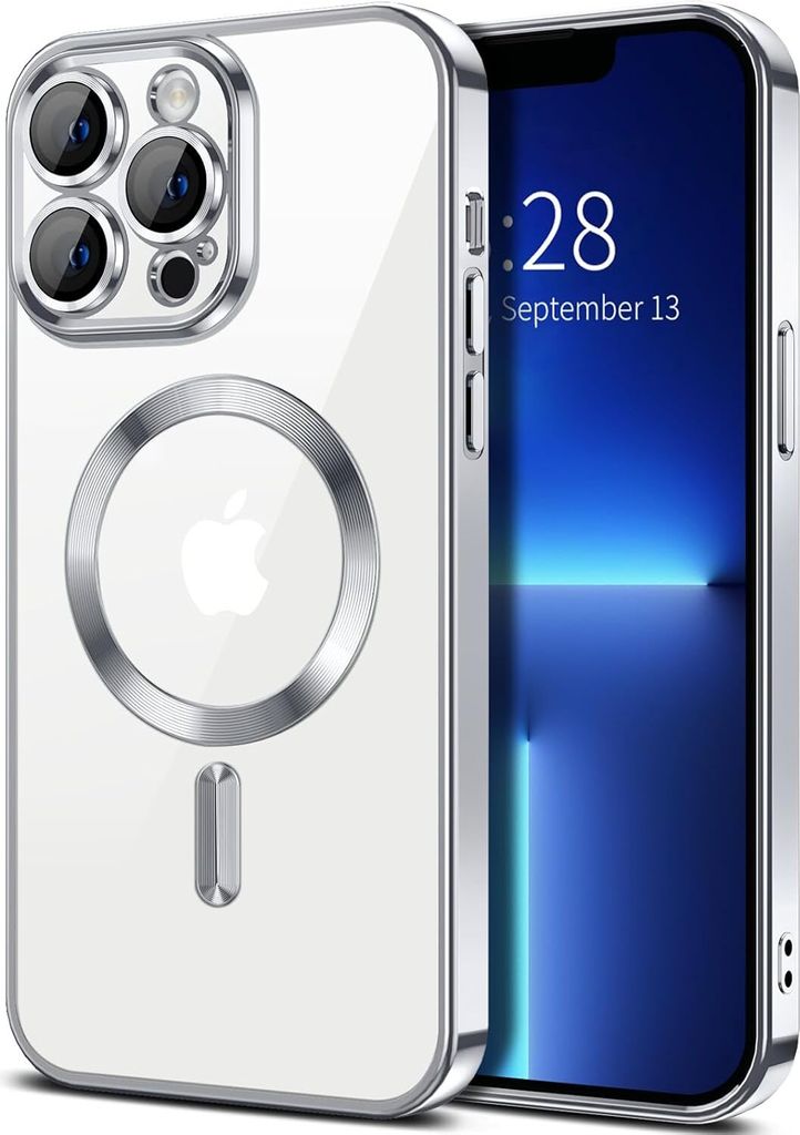 Magnetische Klar Hülle für iPhone 13 Pro Max, Kompatibel mit MagSafe, Elektroplattiert Handyhülle mit Kameraschutz Silber