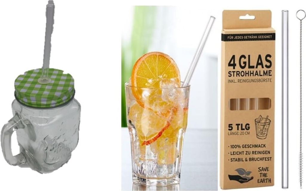 Trinkglas mit Deckel und NEU MIT GLASHALM - 4er Set / je Produktbild 