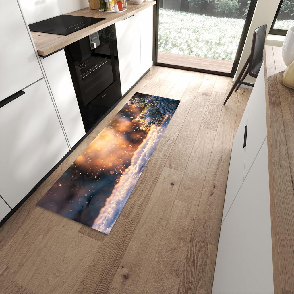 Küchenteppich 60x180cm rutschfest & abwischbar PVC Läufer - Winterzweig Schnee
