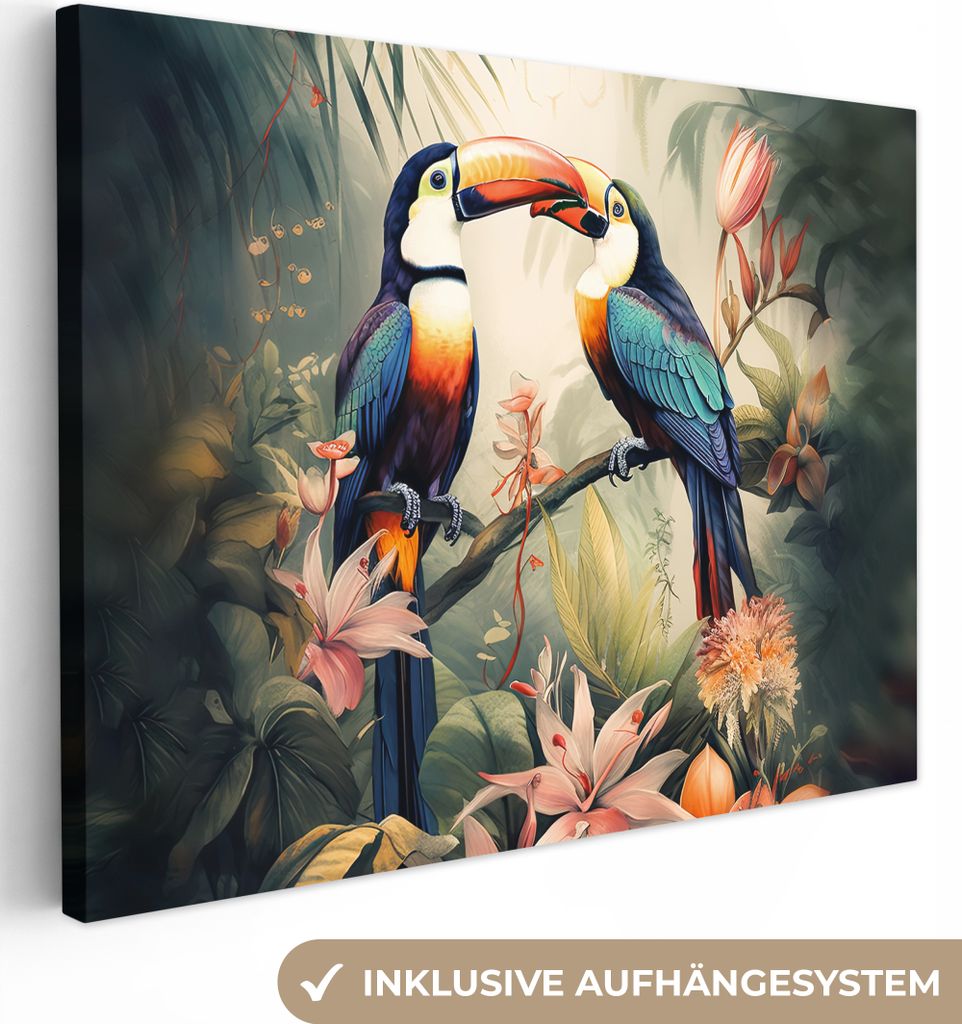 MuchoWow - Leinwandbilder - Tukan - Vögel - Blumen - Natur - Dschungel, Wandbild, Wanddeko Bilder Wohnzimmer, 80x60 cm